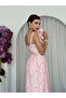 Women's Pink Floral Patterned Shoulder Tie Heart Collar Gathered Long Dress - 7