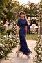 Women's Navy Blue Cape Detail Long Lace Evening Dress - 5