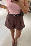 Belted Pleated Detail Brown Shorts - 2