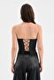 Women's Corset with Covered Bust Part and Striped Fabric Detailed Design - 2