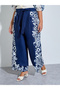 Plus Size Women Navy Blue Floral Wide Leg Trousers - 2
