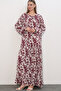 Women's Patterned Long Dress 2596 - Burgundy - 2