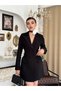 Women's Black Double Breasted Jacket Dress Lace-Up Waist Gathered Long Sleeve Mini