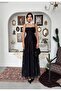Women's Black Strappy Back Tie Square Neck Lace Long Evening Dress - 4
