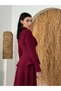 Women's Burgundy Skirt Suit with Stand Collar, Scarf Detail, Buttoned Long Sleeve Maxi - 7