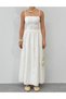Women's Ecru Strappy Scallop Textured Square Neck Gathered Waist Long Dress - 3