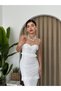 Women's White Thin Strap Sweetheart Neckline Scallop Detailed Ruffle Maxi Dress