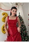 Women's Red Sequined Square Neck Strap Midi Length Flared Cut Event Dress - 2