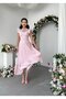 Women's Pink Square Neck Plaid Patterned Strappy Drawstring Waist Midi Dress - 6