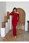 Women's Red Midi Dress Asymmetrical Collar Long Sleeve Draped Slim Fit - 5