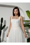 Women's Ecru Midi Dress Tulle Embroidered Square Collar Strap Midi Evening Dress - 6