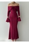Women's Burgundy Off Shoulder Lace Embroidered Long Sleeve Midi Dress - 2