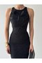 Women's Black Midi Dress Sleeveless Crew Neck Floral Applique Slim Fit - 6