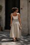 Women's Ecru Square Collar Strappy Belted Gathered Plaid Patterned Maxi Dress - 2
