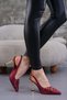 Burgundy Striped Satin 8.5 cm Gold Heel Open Back Buckle Stiletto Shoes - 3