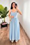 Women's Baby Blue Thick Strap Square Neck Button Detailed Gathered Long Dress - 3