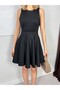 Women's Black Mini Flared Dress with Crew Neck, Open Back and Tie Detail - 4