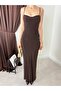Women's Coffee Color Slim Strap Heart Neckline Drawstring Detailed Bodycon Maxi Dress - 2
