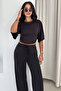 Women's Black Crop Blouse Wide Leg Pants Two-Piece Set - 3