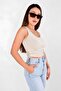 Beige Ruched Drape Detailed Crop Tank Top |   Havuz Yaka Fitted Mold |   Asymmetrical Cut Ribbed Camisole Stretchy Knitted Fabric |   96% Cotton 4% Elastane - 2