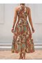Women's Off-The-Shoulder Halter Neck Slit Floral Patterned Single Jersey Dress - 3
