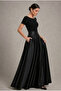 Wide Belted Noble Posture Black Satin Long Flared Skirt - 2