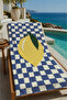 Navy Blue White Checkered Large Lemon Patterned 70X150 Beach Towel - Cotton Bath Towel
