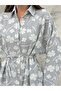 Floral Jacquard Buttoned Belted Shirt Dress 9116 - Anthracite - 4