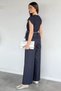Navy Blue Women's Satin Belted Jean Denim Vest and Elastic Waist Pants Two-Piece Set - 5
