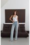 Women's Light Blue Tint Gul Cicek Broslu High Waist Belted Rose Brooch Detailed Light Blue Wide Leg Jeans - 3