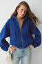 Valit Women's Oversize Cobalt Blue Sweatshirt with Double Pockets on the Skirt and Elastic Cuffs and Zipper