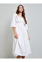 White Solid 3/4 Sleeves A-Line Midi Dress - 2