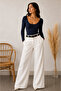 Women's Navy Blue Round Neck Long Sleeve Viscose Elastane Basic Blouse