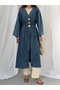 V-Neck Accessory Belted Long Denim Kimono 9133 - Blue - 5