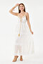 White Lace, Elastic Back, Pompom Collar, Lined, Strappy Long Dress, Size 36 - 42
