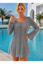 Women's Long Sleeve Spanish Sleeve Front Back V-Neck Tie Back Cotton Gray Mini Swimsuit Top Beach Dress