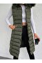 Women's Khaki Fur-Lined and Detachable Hooded Double-Pocketed Puffer Vest - 2