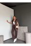 Women's Brown Poplin Detailed Double Suit with Zipper Zero Sleeve Vest Cotton Modal Wide Leg Pants - 7
