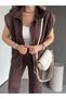 Women's Brown Poplin Detailed Double Suit with Zipper Zero Sleeve Vest Cotton Modal Wide Leg Pants - 5