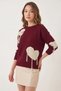 Women's Heart-Shaped Fringed Knitwear Burgundy Ecru Sweater - 4