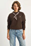 Women's Scarf Detailed Ceylan Embroidered Three Thread Embroidered Oversize Bitter Brown Sweatshirt