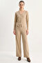 Women's V-Neck Button Accessory Thessaloniki Beige Top and Bottom Set