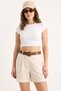Women's Belted Thin Linen Beige Shorts with Pocket Detail