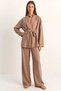 Women's Belted Kimono with Elastic Waist, Pocket Detail, Loose Palazzo Modal Milk Coffee Set - 2