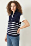 Women's Zippered Thessaloniki Knitted Sweater Navy Blue White - 2