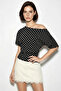 Women's Polka Dot Patterned Asymmetrical Cut Fitted Waist Bat Sleeve Black and White Blouse - 2
