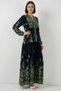 Women's V-Neck Gathered Waist Floral Patterned Viscose Navy Blue Hijab Dress - 2