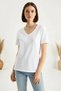 Women's Deep V-Neck Comfort Fit Cotton White T-Shirt - 4