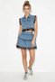 Women's Lace Detailed Crop Denim Vest Layered Mini Blue Skirt Bottom Top Set
