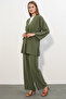 Women's V-Neck Belted Khaki Suit - 4